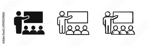 Presentation and Training Icon Set - Speaker with Audience and Whiteboard in Various Styles