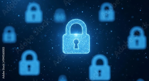 Digitally rendered blue padlocks floating on a dark, particle-filled background