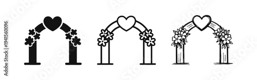 Wedding Arch with Heart and Flowers Icon Set - Marriage Ceremony Symbol in Multiple Styles