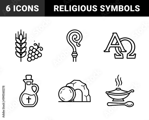 Christian religious symbols and easter liturgical elements. Minimalist monoline pictograms featuring alpha omega, shepherds crook, eucharist wheat, and resurrection tomb.