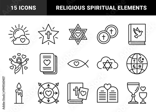 Christian and Jewish faith symbols for religious education and community outreach. Minimalist monoline pictograms featuring crosses, stars, and spiritual motifs.