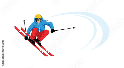 A vibrant illustration depicts a skier in motion captured with dynamic lines and bold colors a striking silhouette high quality professional