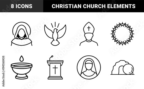 Christian religious symbols and church ministry elements featuring clerical figures and liturgical objects in a clean monoline aesthetic.