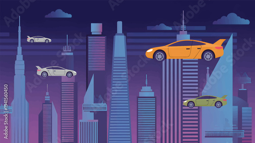 Yellow, orange, and white sports cars fly over purple and blue city skyscrapers at night, automobile