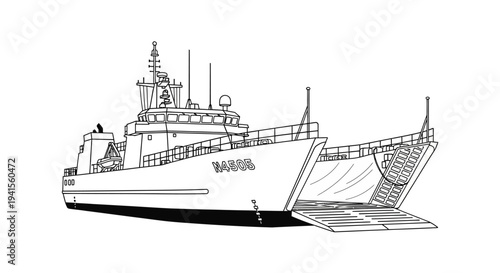 Landing Craft Vehicle Personnel (LCVP) military transport ship with open ramp, vector illustration