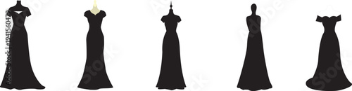 Collection of black silhouettes of mannequins wearing elegant short-sleeved formal evening gowns, isolated on a white background.