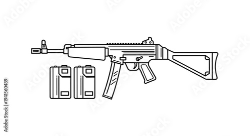 Line Art Icon of a Submachine Gun with Two Magazines, Vector Illustration