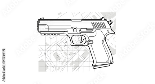 Line Art Illustration of a Modern Handgun on a Map Background