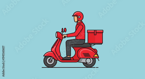 A delivery person rides a red scooter with a large box showcasing a flat bold silhouette high quality professional detailed modern