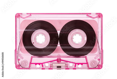 Pink transparent audio cassette tape isolated. Retro analog music medium.