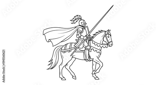 Medieval Knight Warrior on Horseback with Lance, Outline Illustration