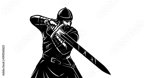 Medieval Warrior with Sword, Black and White Illustration, Knight in Armor, Combat Ready