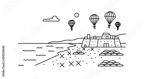 Military Airborne Assault on Coastal Fortress: Paratroopers Descend onto Beach Fortification