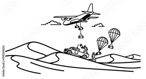 Military Airlift Drops Supplies to Desert Troops via Truck and Parachutes