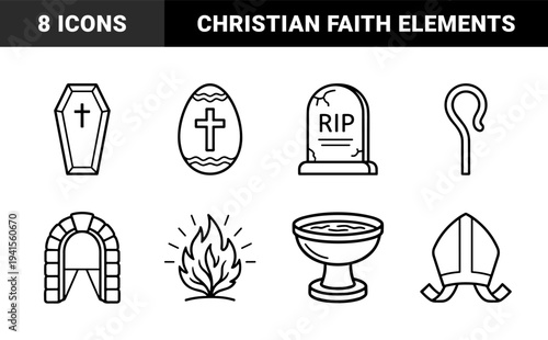 Christian religious symbols and funeral lithology elements in a uniform monoline aesthetic. Minimalist black and white pictograms for theological education and spiritual mourning.