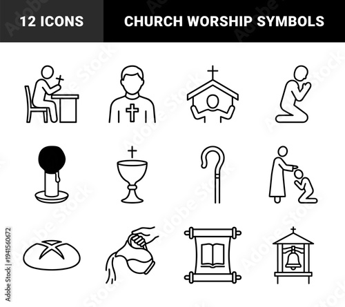 Christian religious symbols and church ministry elements for spiritual education. Technical monoline pictograms featuring prayer, worship, and biblical rituals.