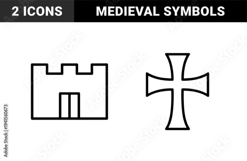 Medieval architectural and religious historical elements for educational layouts. Bold monoline silhouettes featuring a templar cross and fortified castle battlement.
