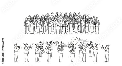Military Band Performance: Marching Musicians and Standing Ensemble in Uniform