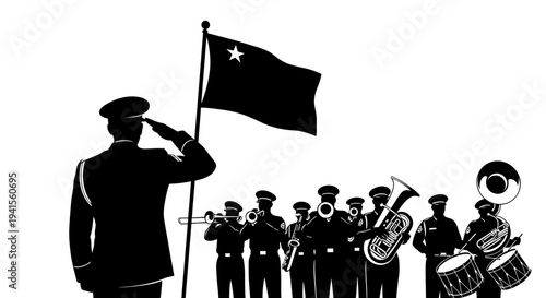 Military Band Performance: Officer Salutes Flag with Ensemble Playing Music
