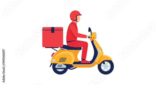 A delivery driver on a yellow scooter carrying a red box presented in a flat design silhouette high quality professional detailed