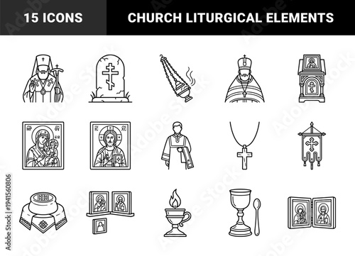 Orthodox Christian liturgical elements and religious clerical symbols. Minimalist monoline black and white illustrations for church history and theological educational materials.