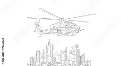 Military Helicopter Flying Over Destroyed Cityscape, War Aftermath Illustration