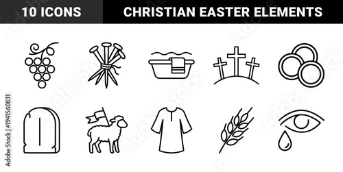 Christian religious symbols and Easter passion week elements. Minimalist monoline pictograms for church liturgy, theological study, and biblical storytelling.