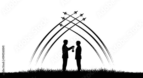 Military Honor Ceremony: Soldier Receiving Medal with Jet Flyover Silhouette