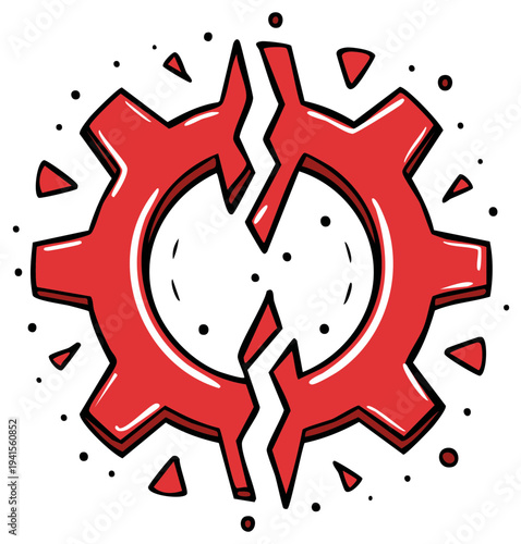 Broken Red Gear with Cracks and Fragments Depicting Failure or Breakdown