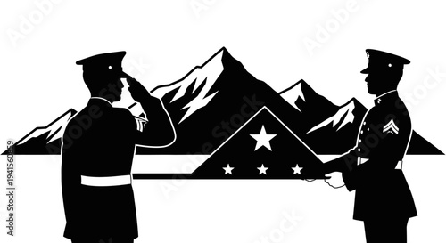 Military Salute and Handshake with Mountains and Stars Emblem