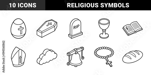 Christian religious symbols and funeral ceremony elements for ecclesiastical publishing. Isometric monoline illustrations featuring liturgical objects and mourning motifs.