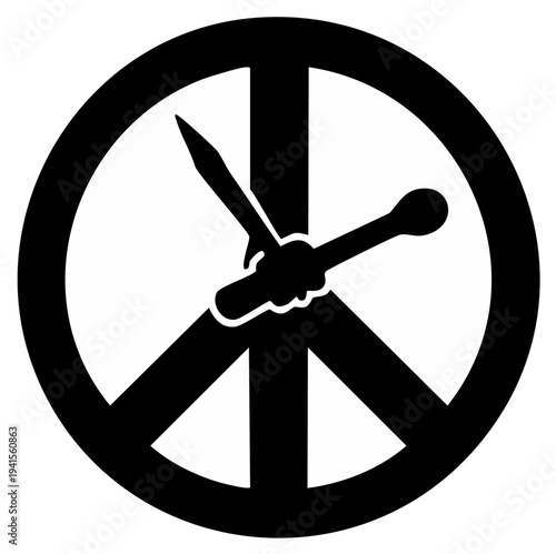 Conceptual anti-war icon of a hand breaking a sword inside a peace symbol for pacifism and disarmament