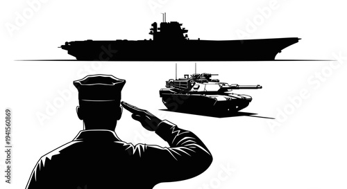 Military Salute: Marine, Tank, and Aircraft Carrier Silhouette
