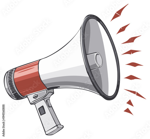 Illustration of a red and white megaphone broadcasting sound waves for public announcement
