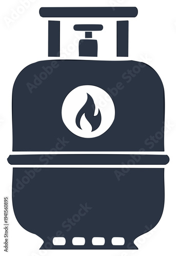 Stylized illustration of a dark blue gas cylinder with a flame symbol.