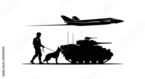 Military Silhouette: Jet, Tank, Soldier, and Dog - Power and Security