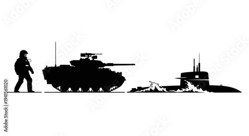 Military Scale Comparison: Soldier, Tank, and Submarine Silhouette