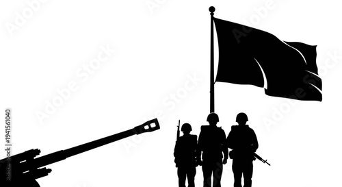 Military Silhouette: Soldiers, Flag, and Cannon - Symbolizing War, Victory, and Patriotism