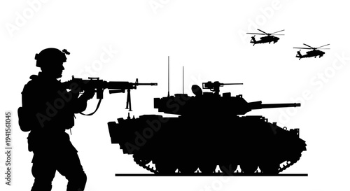 Military Silhouette: Soldier with Rifle, Tank, and Helicopters in Combat Formation