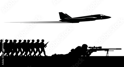 Military Silhouette: Soldiers Marching, Sniper Aiming, Jet Flying - War and Defense Concept