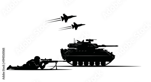 Military Silhouette: Soldier, Tank, and Fighter Jets in Action