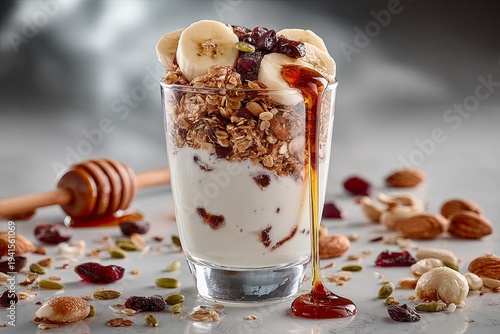 Crunchy granola with yogurt, banana, nuts, chocolate and honey in a glass on a white background.