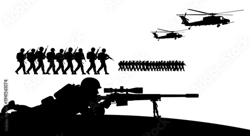 Military Sniper Aiming, Soldiers Marching, Helicopters Flying - Silhouette