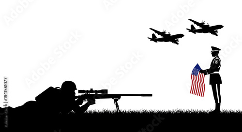 Military Sniper, Honor Guard with Flag, and Airplanes in Silhouette