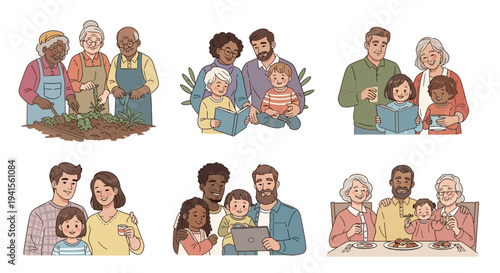 Diverse Generations Family Vector Set Multi Ethnic Grandparents Parents and Children for Inclusive Marketing
