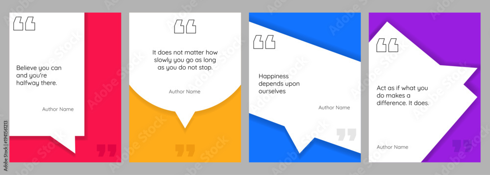 Obraz premium Vector illustration. Quote frames background set. Isolated text box in brackets. Citation empty speech bubbles. Geometric dynamic borders. Design for poster, book or magazine cover, brochure, flyer