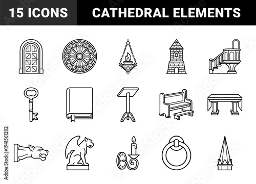 Medieval gothic cathedral architecture and ritual objects featuring rose windows, gargoyles, and stone masonry in a clean monolinear aesthetic.