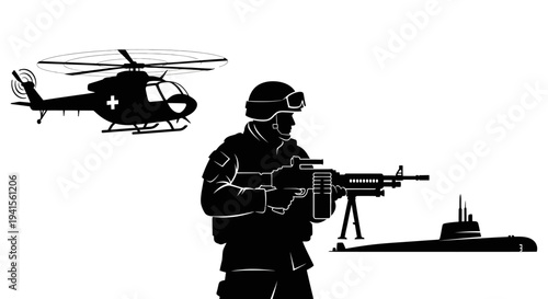 Military Soldier, Helicopter, and Submarine - Silhouette of Armed Forces in Action