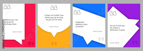 Vector illustration. Quote frames background set. Isolated text box in brackets. Citation empty speech bubbles. Geometric dynamic borders. Design for poster, book or magazine cover, brochure, flyer