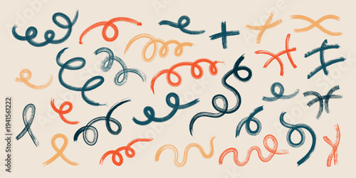 Vector illustration. Colorful hand drawn scribbles and spirals. Abstract brush stroke lines. Doodle design elements for poster, book or magazine cover, advertising, social media. Retro concept graphic